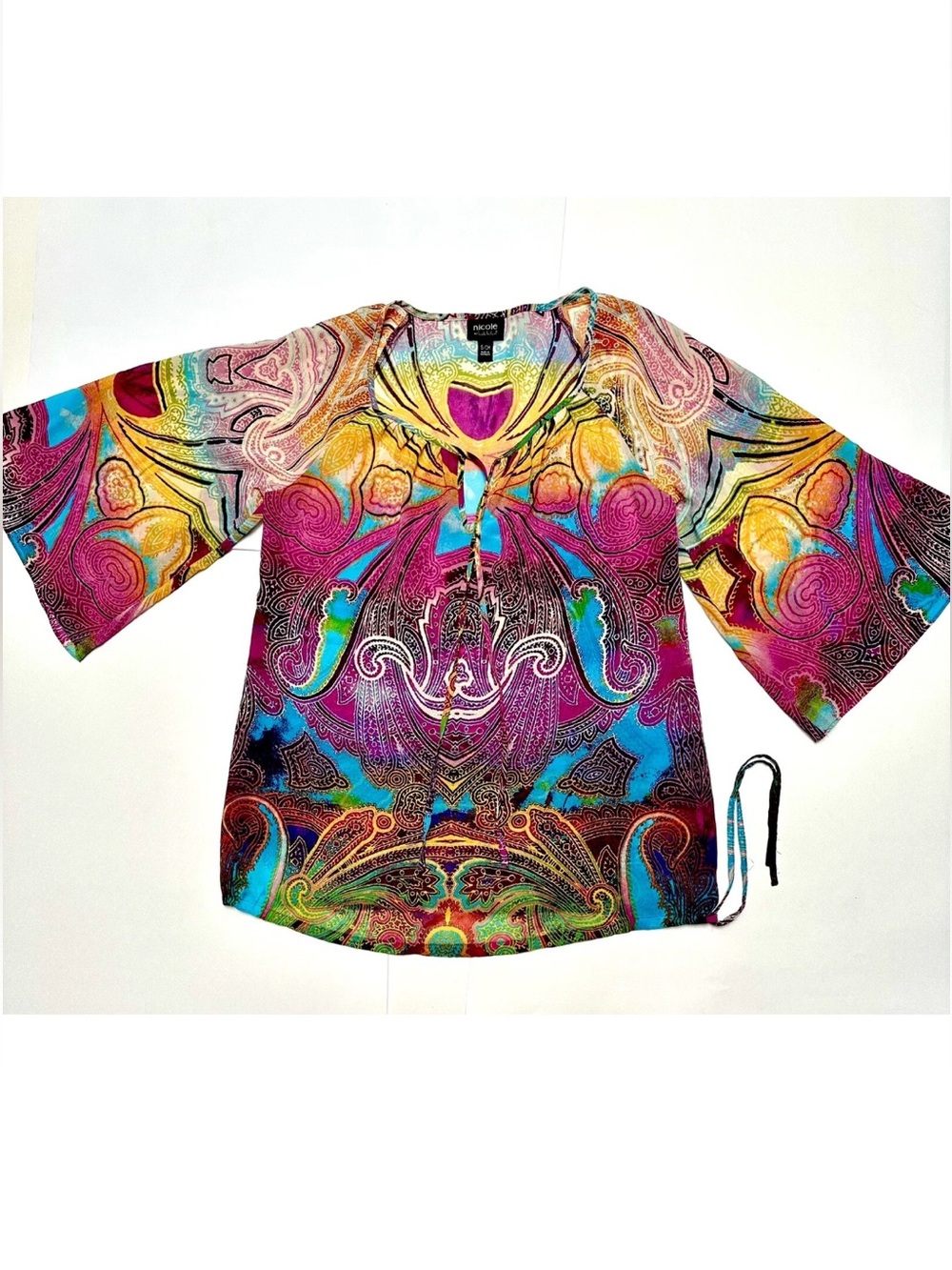 Nicole Miller Blouse Top color burst Boho Peasant Gypsy Paisley Keyhole Tie S